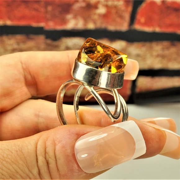 LARGE BALTIC AMBER 925 SILVER ADJUSTABLE RING, UNIQUE DESIGN, GIFT FOR WOMEN - Picture 8 of 16
